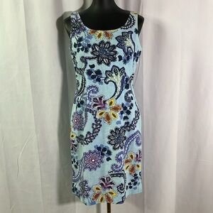 Jessica Howard Blue Colorful Beaded Paisley Print Linen Blend Sheath Dress